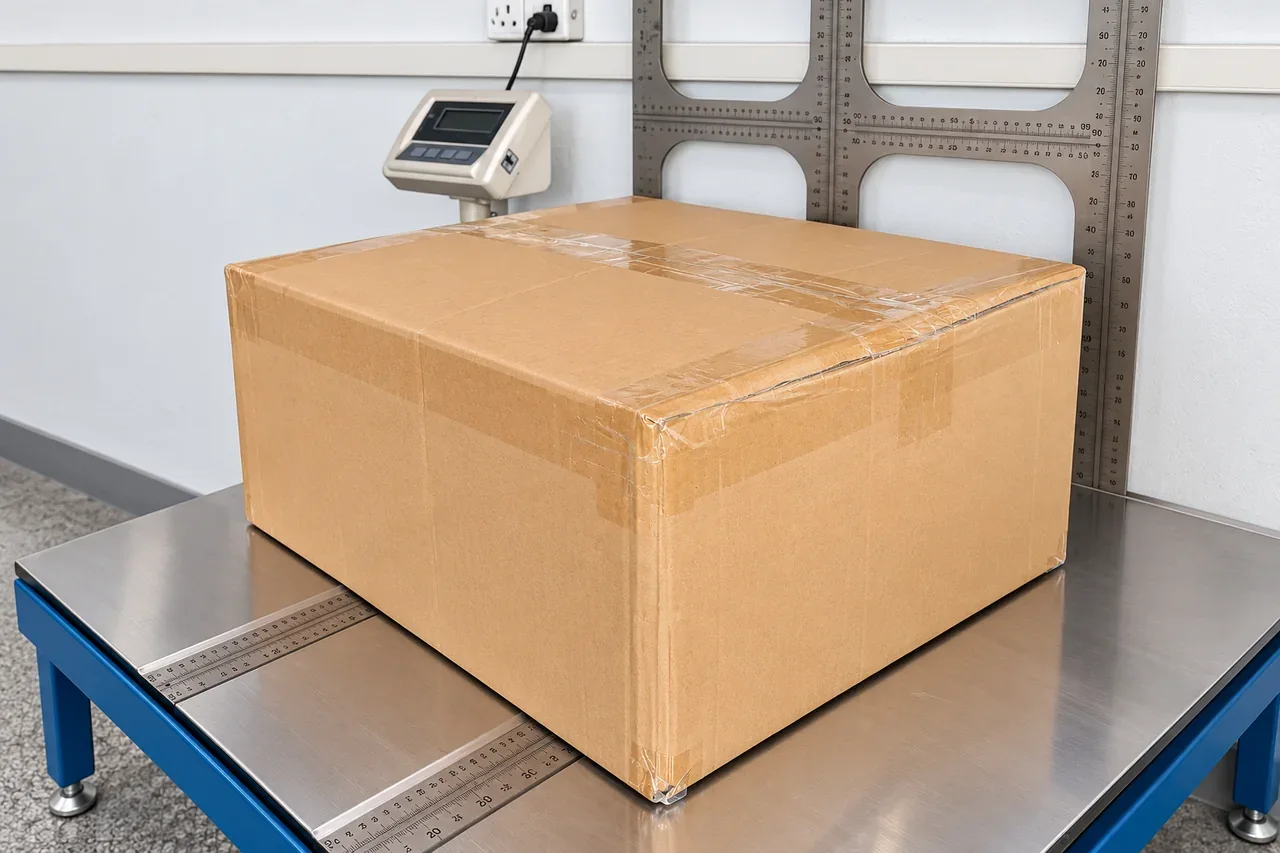 A cardboard parcel on a digital platform scale with measuring rulers.