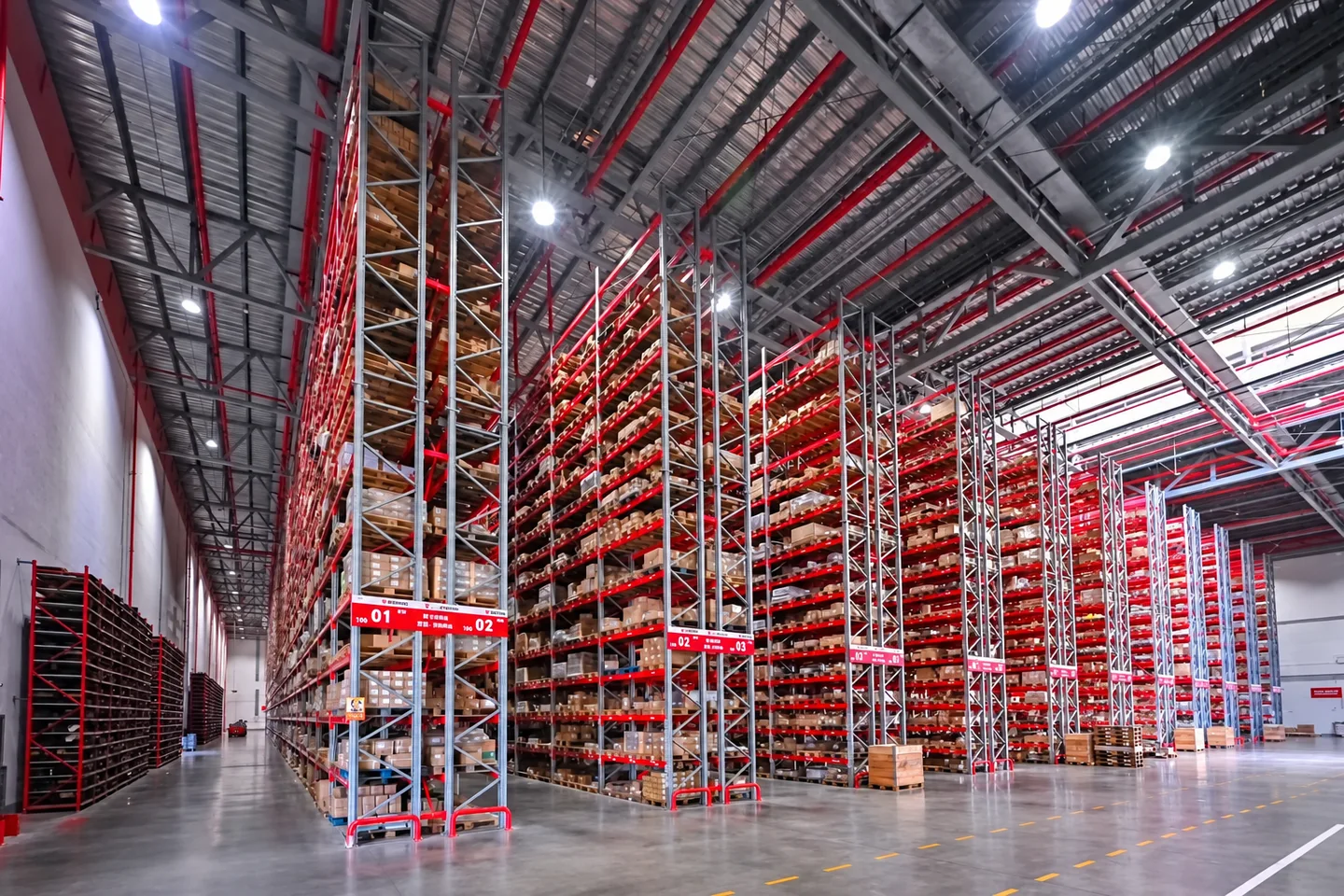 Large automated warehouse with tall red steel storage structures