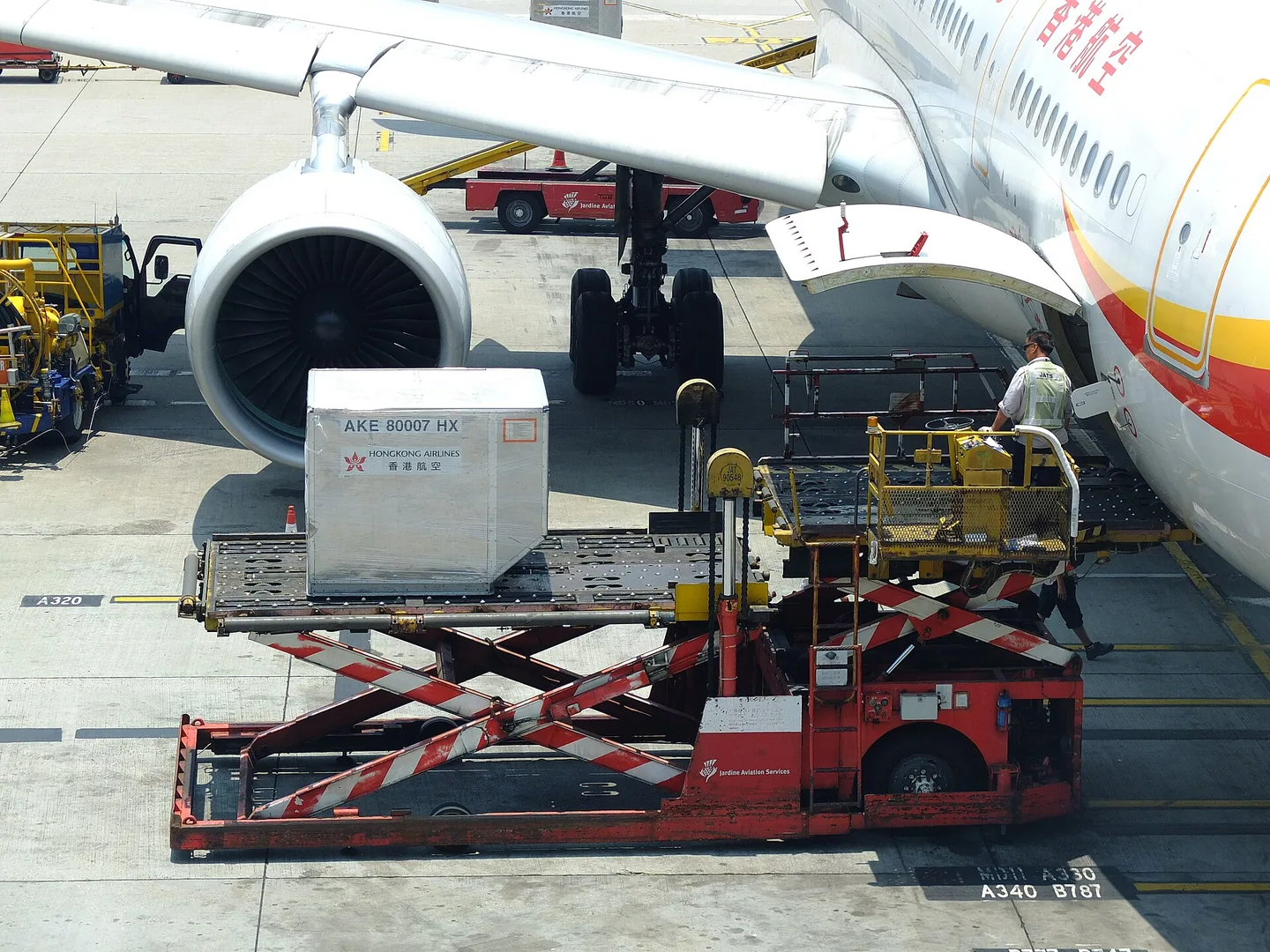 Aircraft cargo container positioned on a raised loading platform