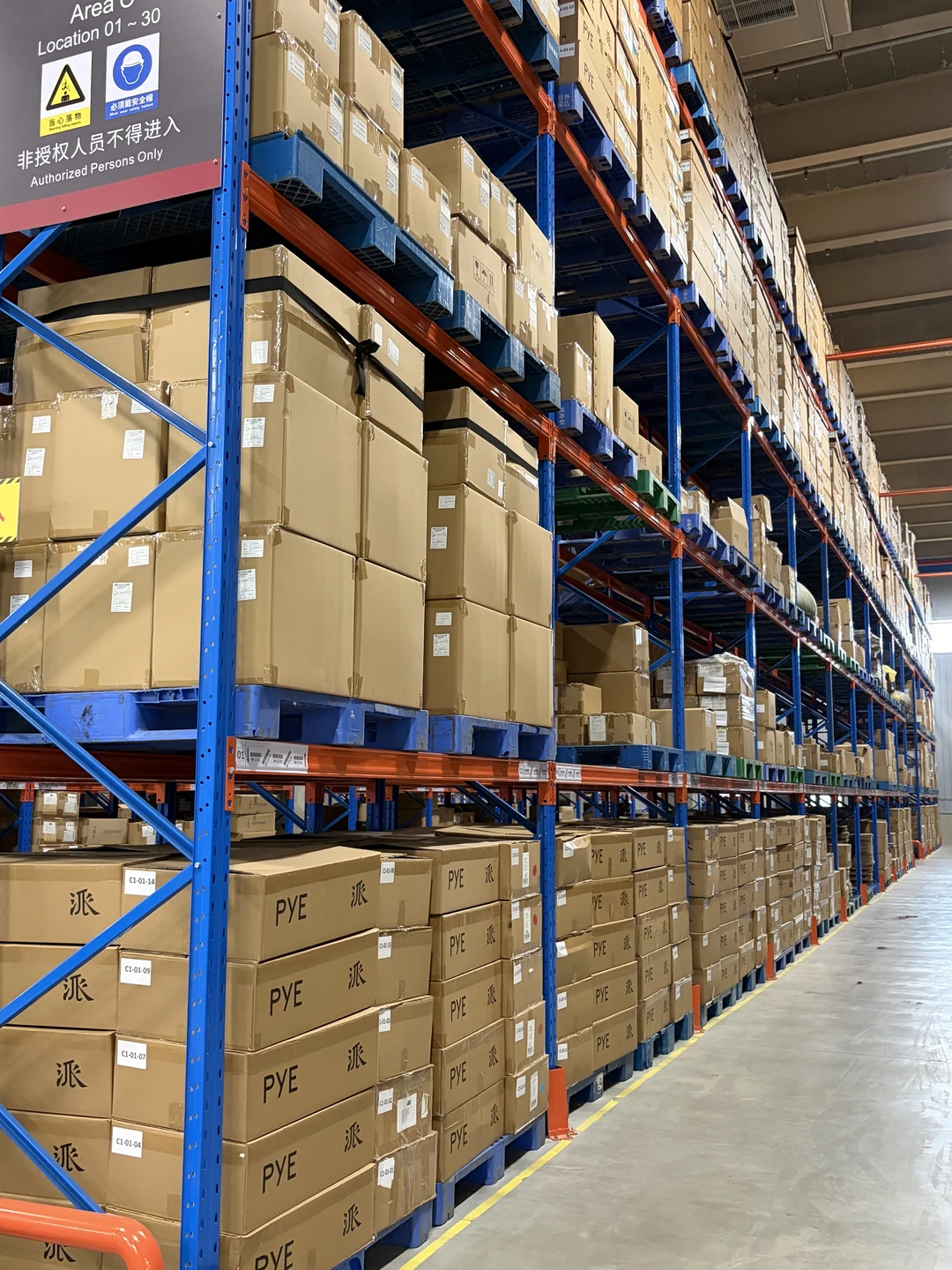 Cartons stored on blue and orange warehouse pallet racks
