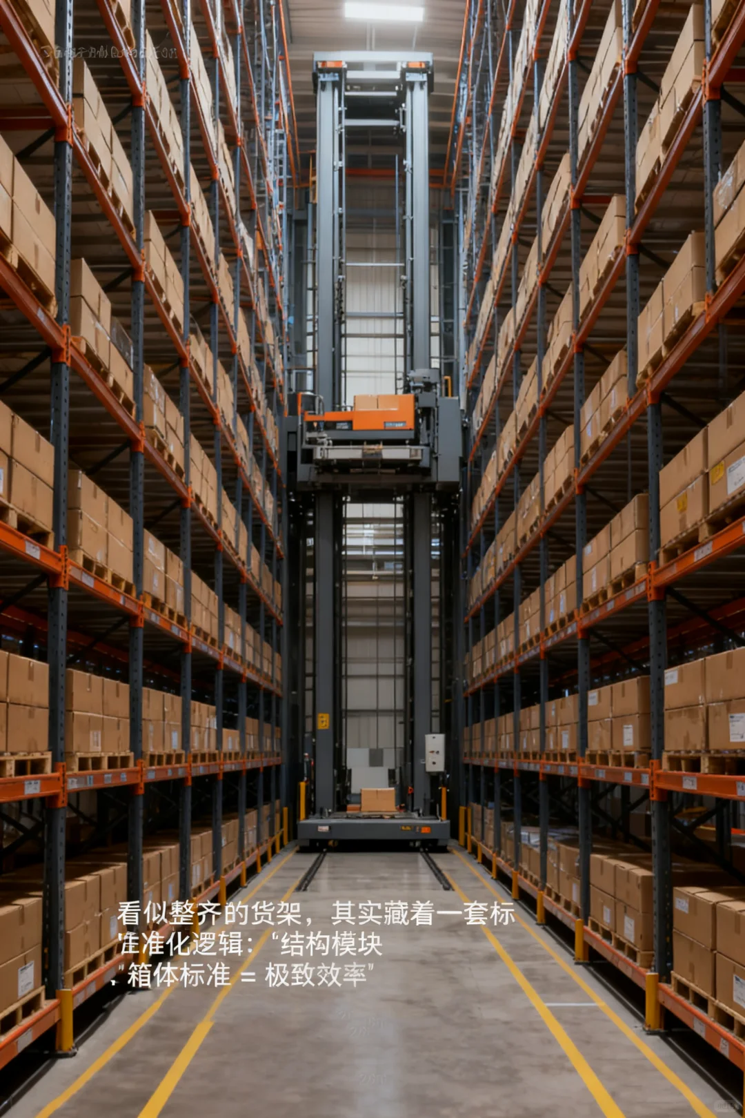 Tall storage aisle with cartons and overhead warehouse structure