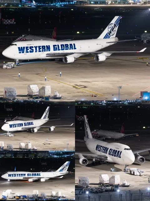 Multiple night views of cargo aircraft and ground equipment