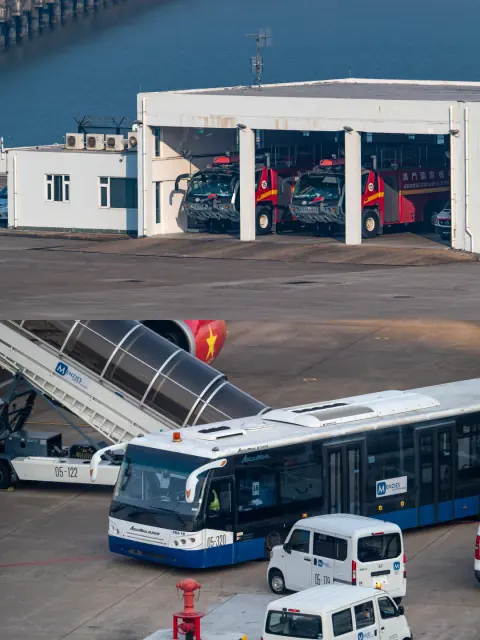 Airport apron collage showing an airside building, bus and ground vehicle