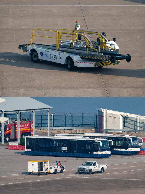 Paired photographs of an airport ground vehicle and apron bus
