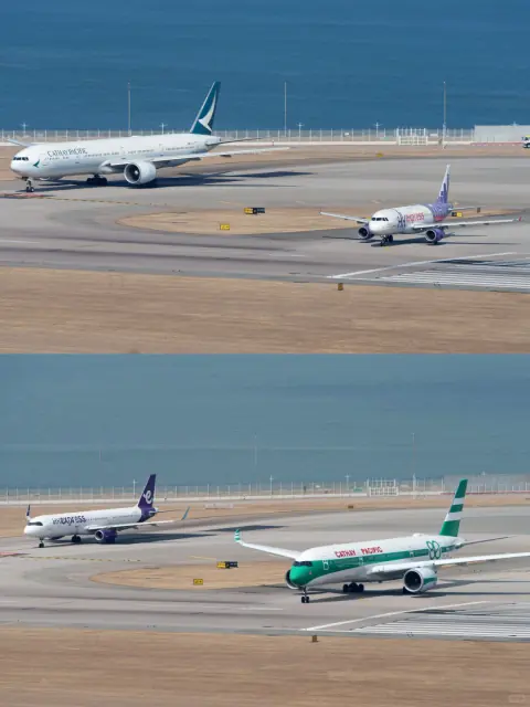 Paired views of aircraft taxiing along a coastal airport