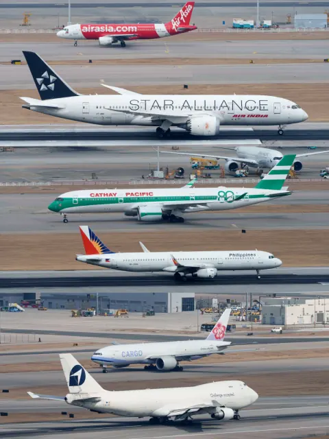 Stacked airport photographs of aircraft aligned on parallel taxiways