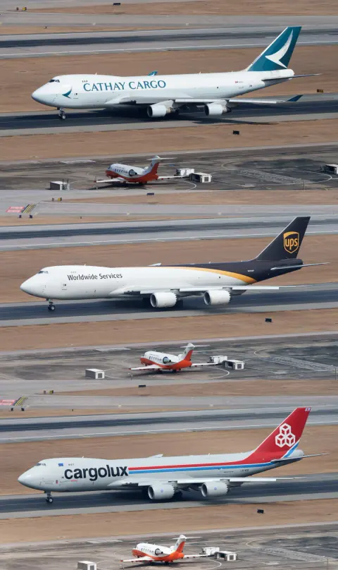 Three stacked views of aircraft on a coastal airport apron