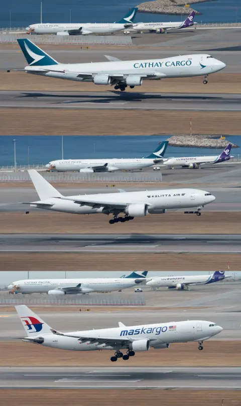 Three stacked airport views of aircraft on parallel taxiways