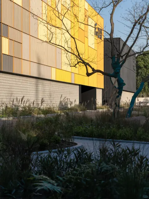 Yellow warehouse facade and bare branches beside a planted verge