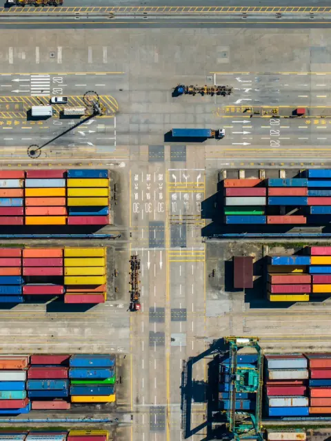 Container yard traffic lanes and terminal vehicles viewed from above