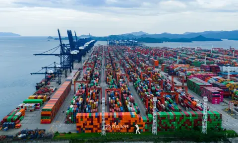 Wide view of Yantian container terminal, gantry cranes and harbour
