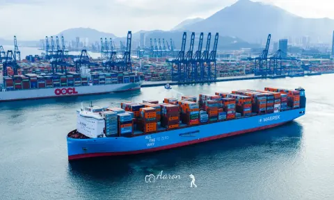 Large container ship moored beside harbour cranes and terminal stacks