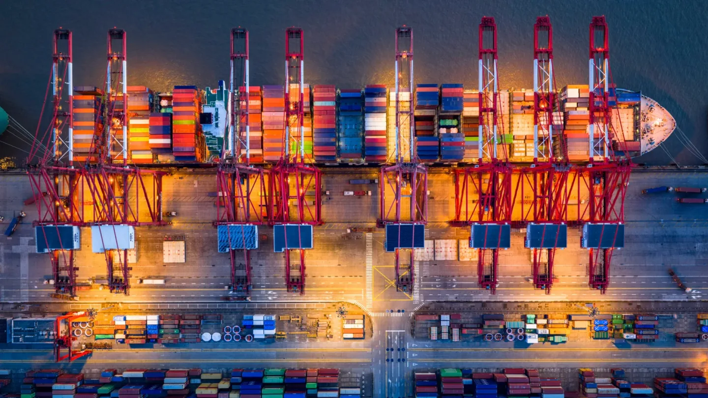 Top-down view of illuminated quay cranes beside a container ship at night