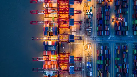 Container terminal lanes and quay cranes forming a grid under night lighting