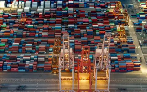 Top-down view of shipping container stacks and orange quay cranes