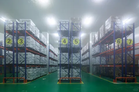 Green-floored warehouse aisle with boxed goods and overhead lights