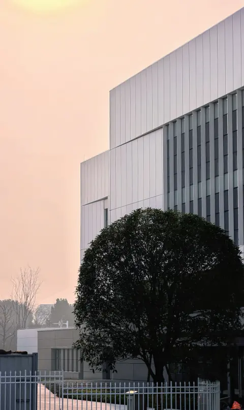 Distribution centre facade in warm evening light