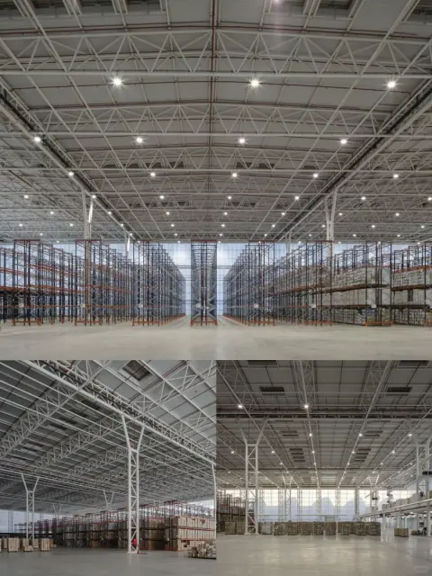 Two views of a translucent warehouse hall and its structural frame