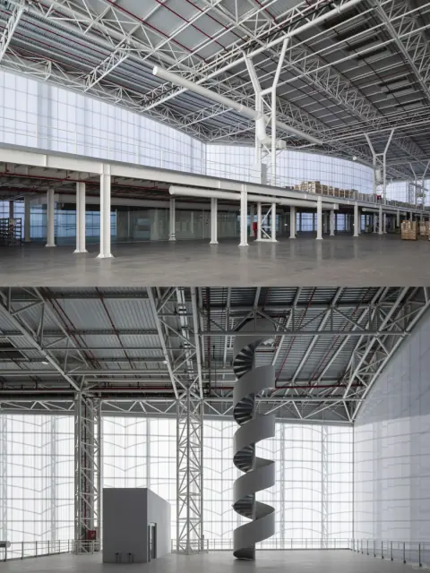 Paired views of a light-filled warehouse roof and steel structure
