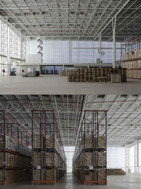 Two interior views of a bright warehouse with a large-span roof