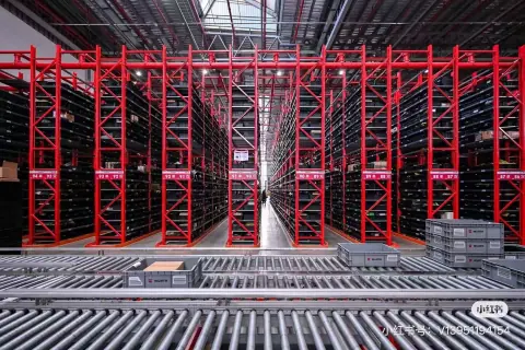 Conveyor rollers running in front of an automated red-rack warehouse