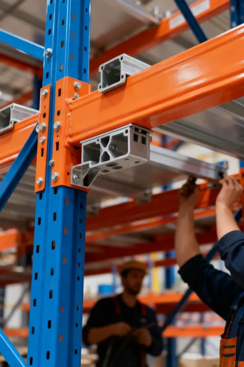 Close view of orange warehouse racking and handling equipment