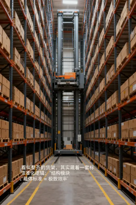 Tall storage aisle with cartons and overhead warehouse structure