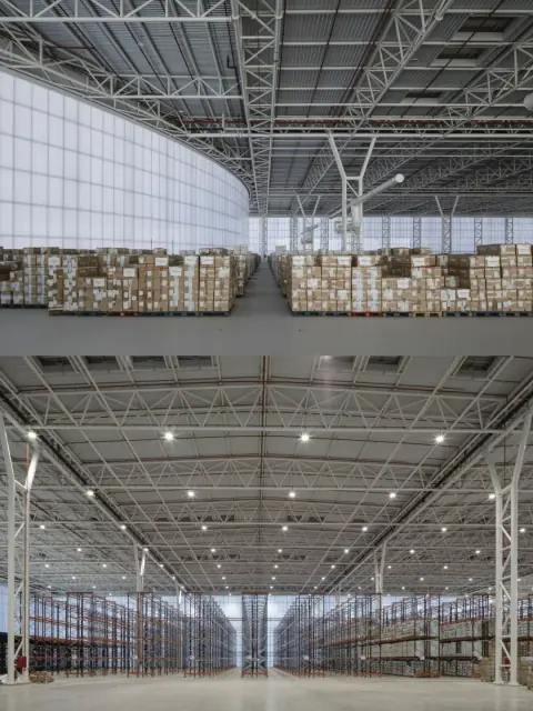 Paired interior views of warehouse roof framing and stored goods